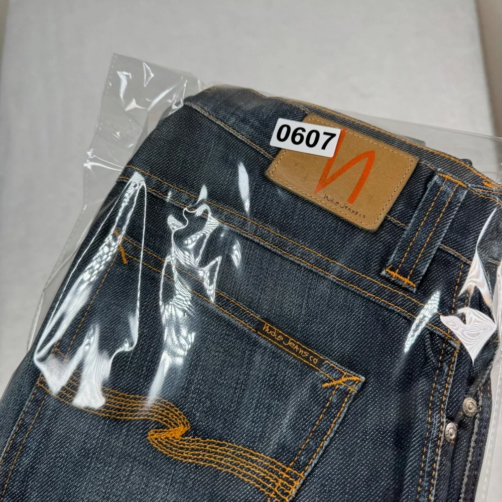 Nudie Jeans Co Slim Jim Dry Indigo Denim Jeans Mens 33x34 Orange Stitch